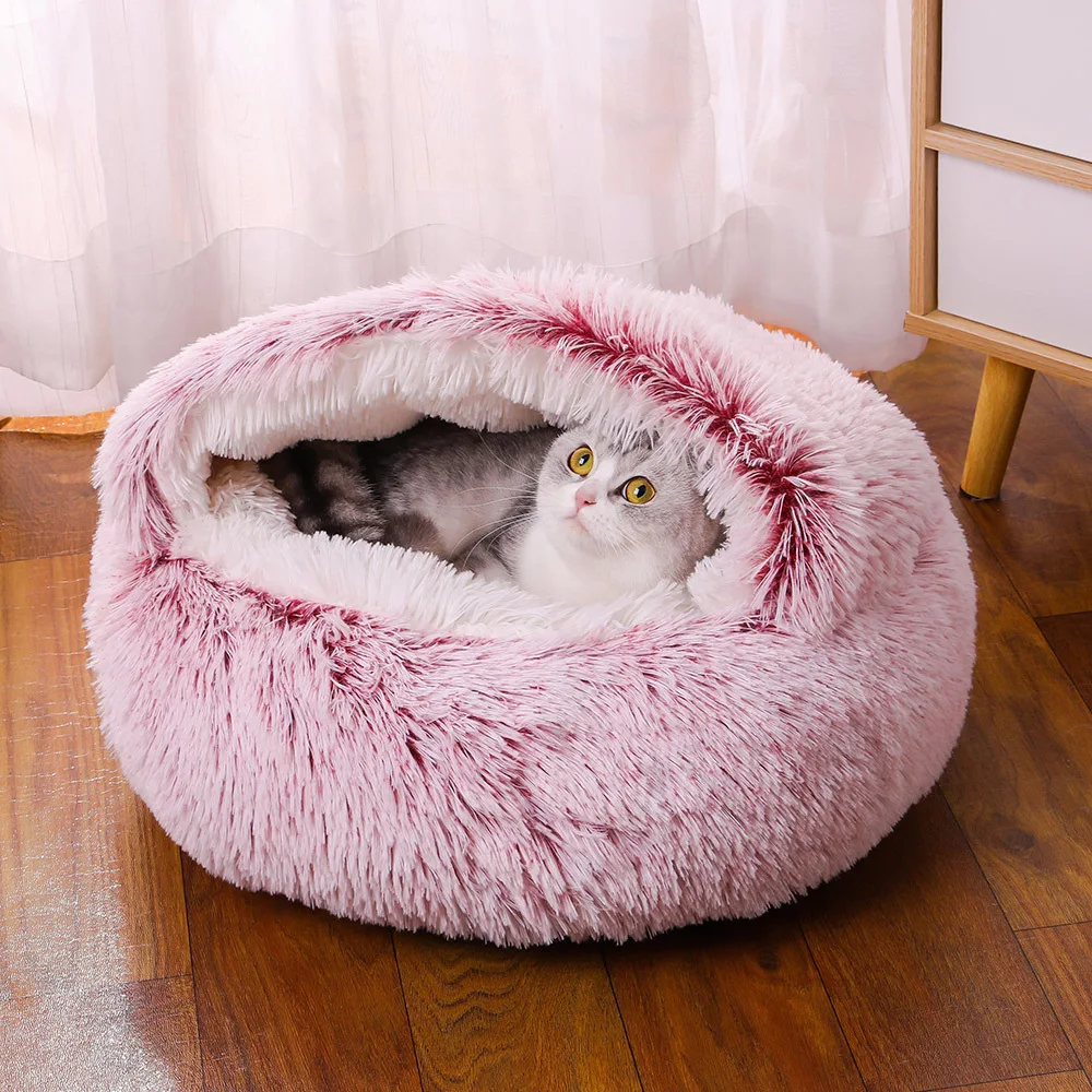Cama de felpa para gatos, cojín redondo para gatos, casa para gatos 2 en 1, cesta cálida para gatos, saco de dormir para mascotas, nido para gatos, perrera para perros pequeños, traje para invierno - imagen 2