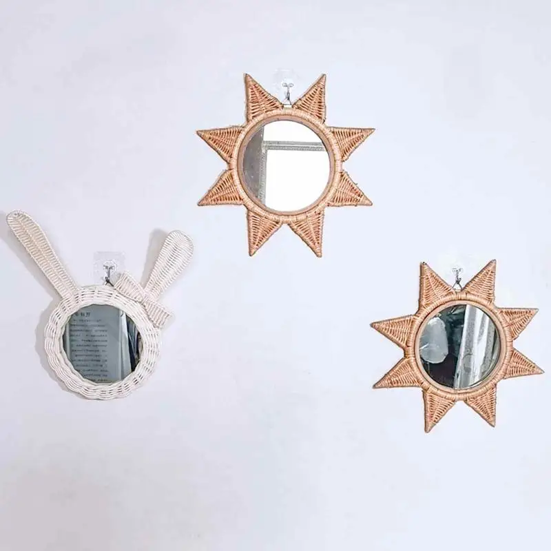 Espejo de pared decorativo de ratán, colgadores montados en la pared, tocador de baño, maquillaje, Mantel de entrada - imagen 2