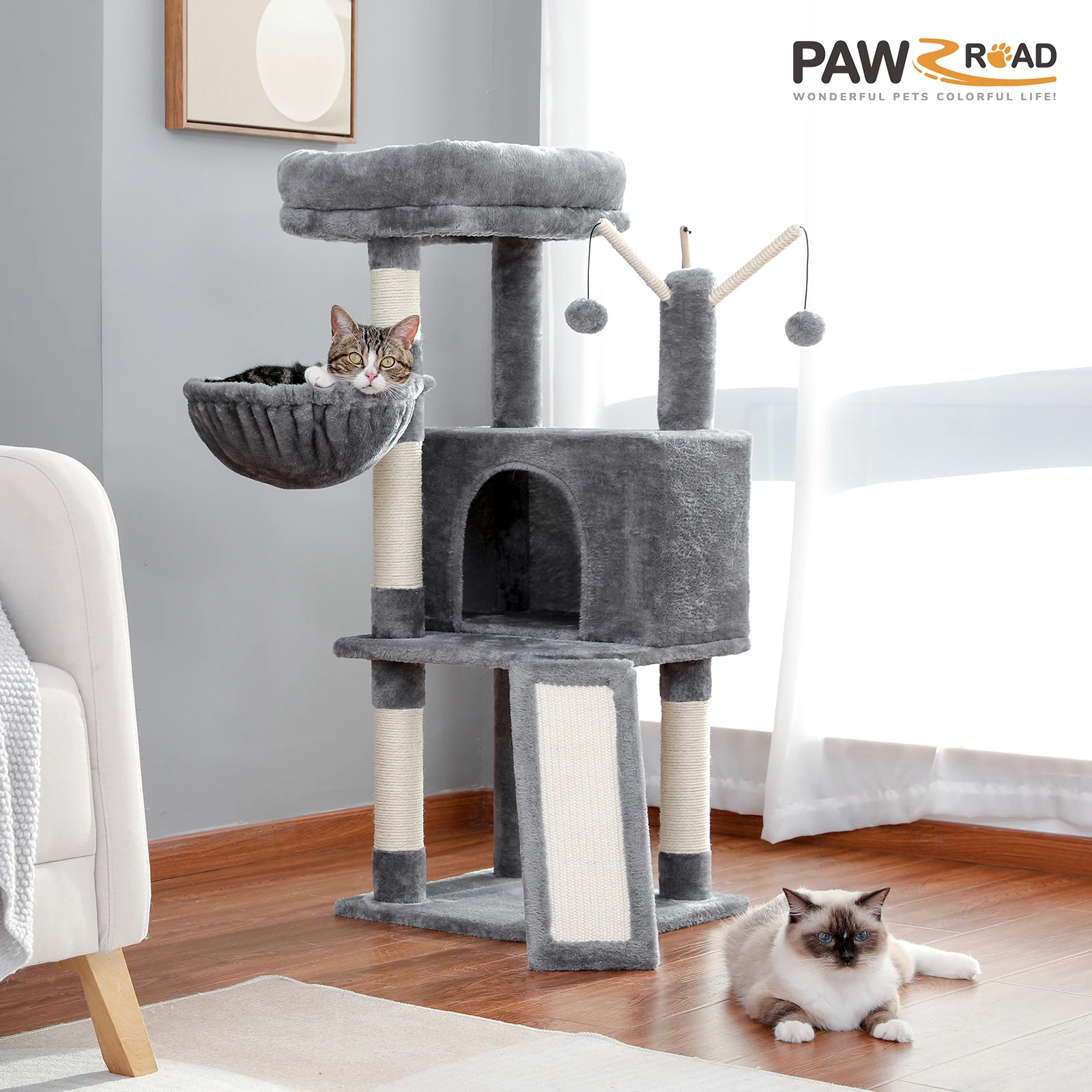 Torre para gatos pequeños con condo privado y pompón interactivo - imagen 3