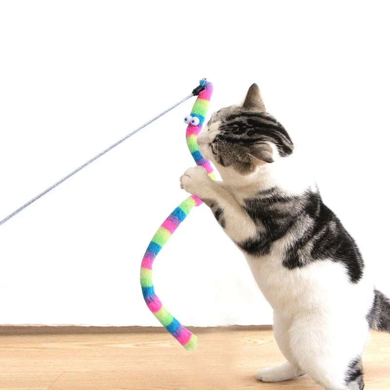 Varita interactiva colorida para gatos, oruga, juguete de plumas en forma de juguete para jugar, diversión, accesorio atractivo para mascotas para gatos