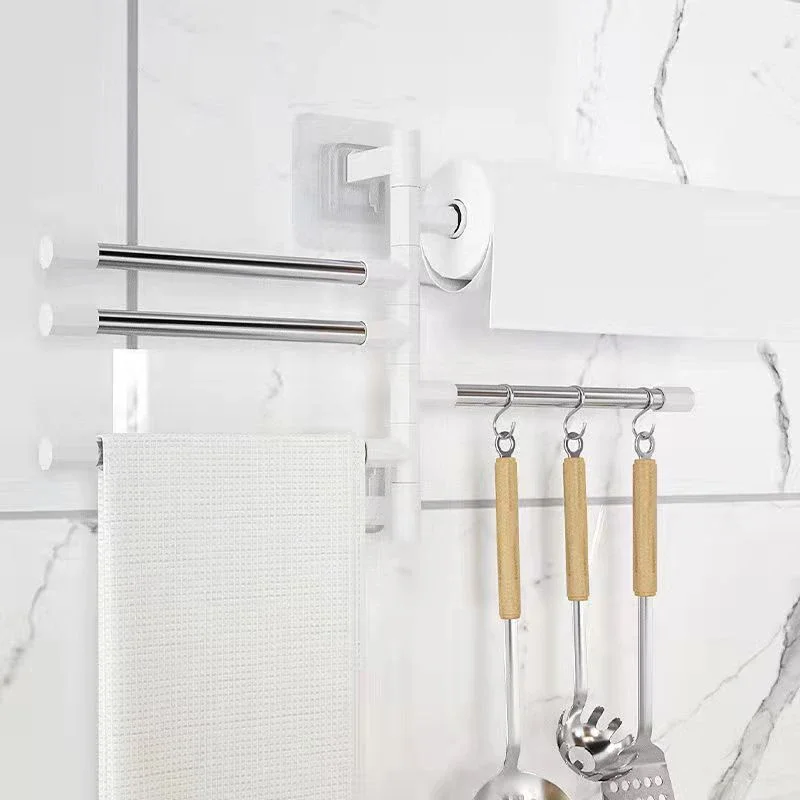 Soporte giratorio para toallas, percha sin perforaciones, estante de aluminio sin perforaciones, accesorios de baño, estante multibrazos para almacenamiento de tela - imagen 4