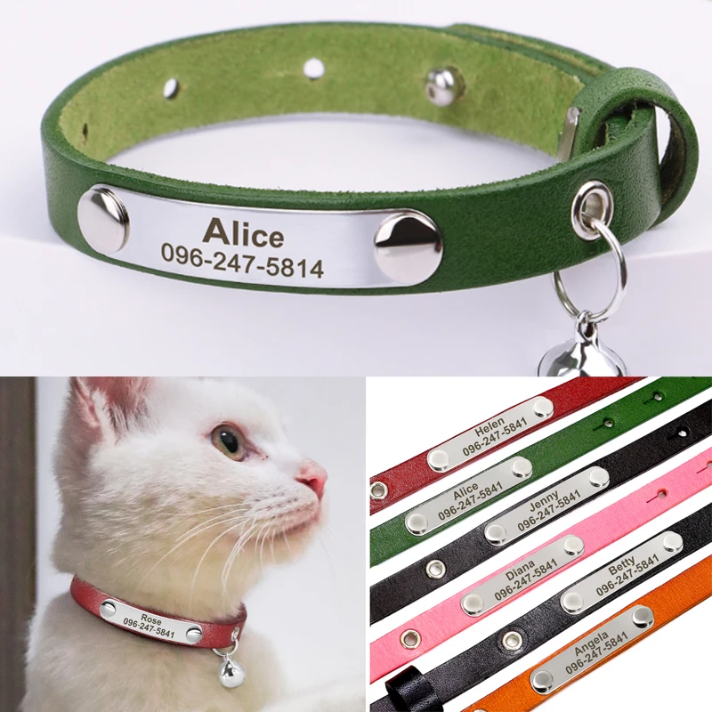 Collar de cuero personalizado para gatos, collares ajustables con identificación para cachorros y gatos, nombre grabado para gatos, gatitos, accesorios para mascotas