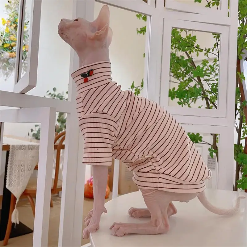Camisa de algodón rosa dulce con colgante de cereza para gato Abrigo de rayas suaves de invierno para gato Sphynx en otoño pijama de primavera para gatitos - imagen 4