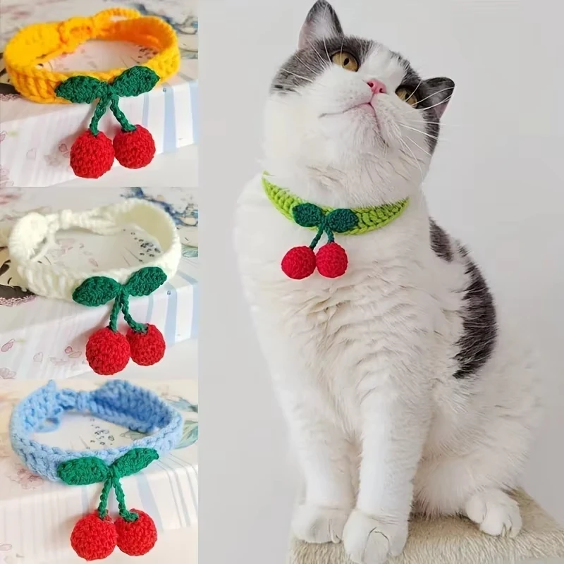 Collar para mascotas, Collar tejido a mano para gatos con decoración de cereza, bonito Collar para gatos, suministros para gatos, ошейв для ceiек para ga - imagen 2