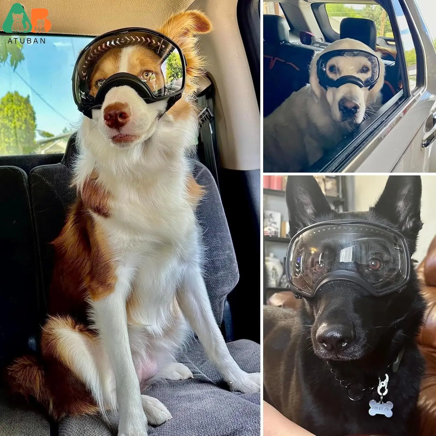 ATUBAN Gafas de sol para perros Protección UV Gafas transparentes para perros Gafas a prueba de viento con correas elásticas para gafas de nieve de razas medianas y grandes