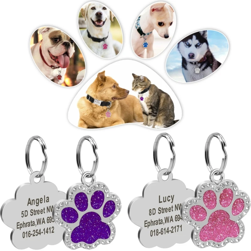 Bolsas personalizadas para perros y gatos, Collar con nombre grabado para cachorros y mascotas, colgante con purpurina de pata de acero inoxidable, accesorios para perros y mascotas