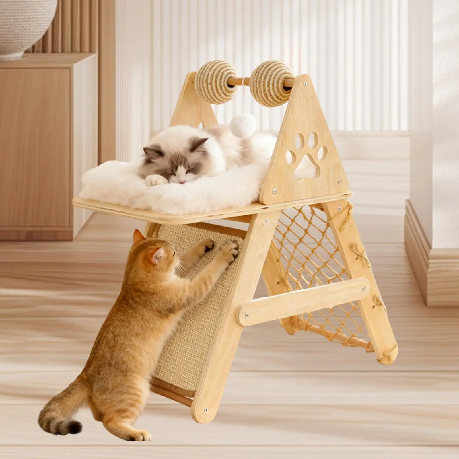 Cama vertical de madera maciza para gatos con rascador y parque juegos - imagen 4