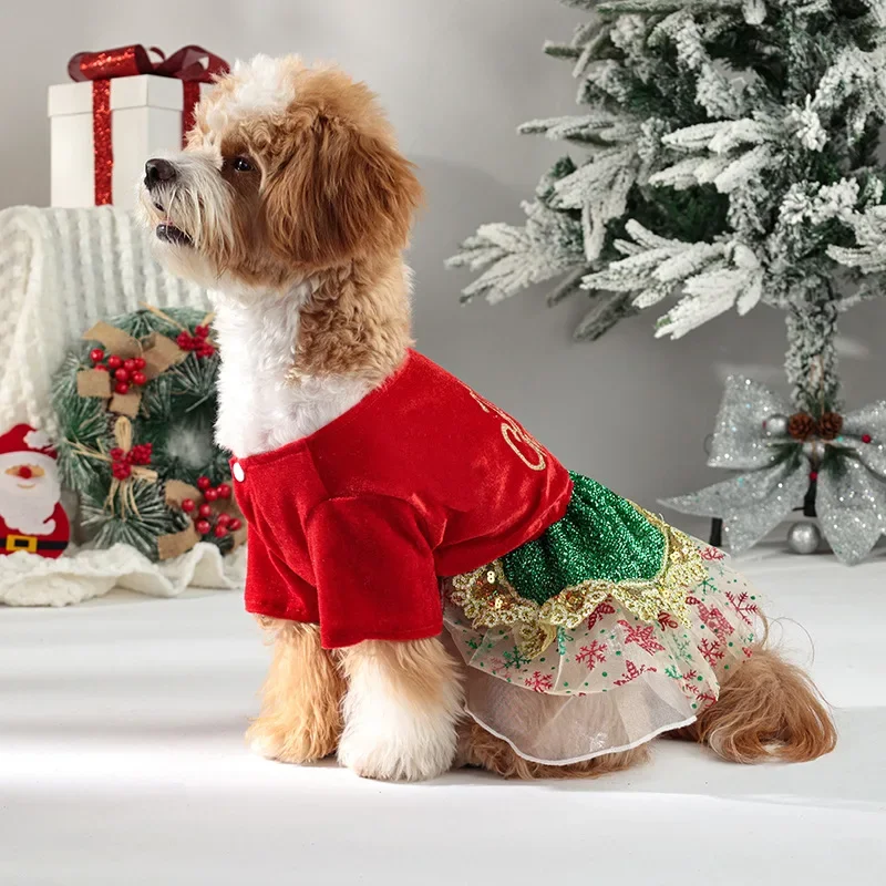 Ropa de fiesta cálida S-XL vestido navideño para perros tutú de terciopelo con purpurina y encaje, traje de invierno rojo/verde para mascotas para perros pequeños y medianos, - imagen 4