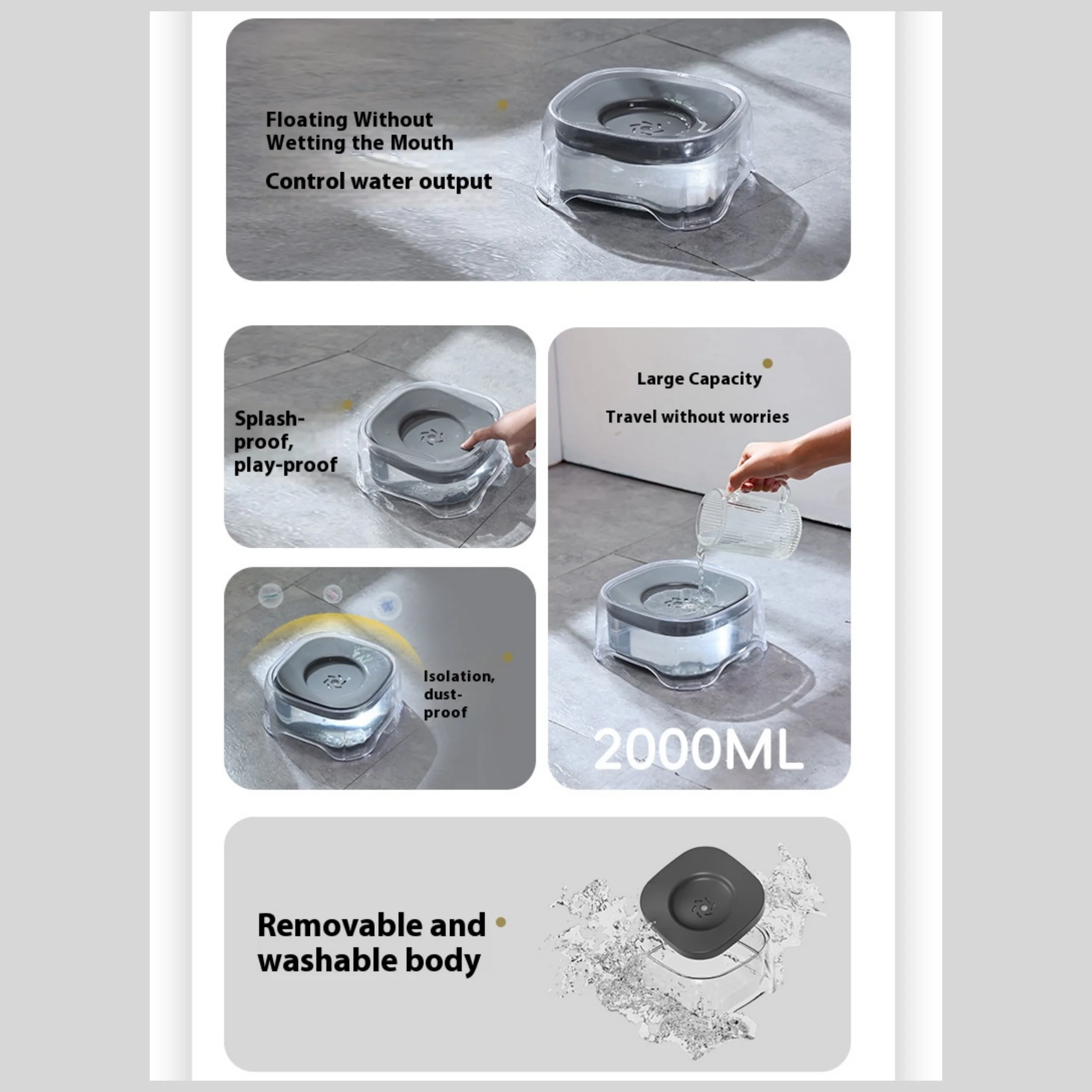 Cuenco de agua flotante para mascotas de 2000 ml: filtro sin salpicaduras y a prueba de polvo, diseño transparente para agua limpia y barbilla seca, gatos y perros - imagen 5