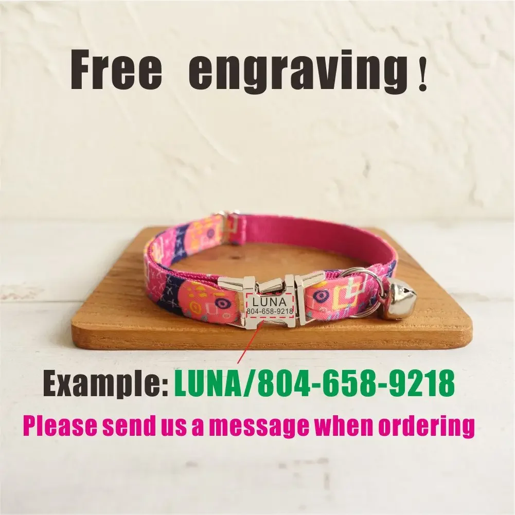 Collar de gato personalizado con grabado gratuito, correa para mascotas a juego, hebilla de Metal de contactos personalizados, Collar para mascotas pequeñas con grafiti rosa - imagen 4
