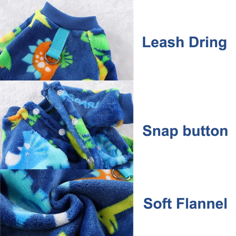 Pijamas de franela suave para perros pequeños, medianos y grandes, mono con estampado de dinosaurios y animales de dibujos animados para cachorros, mono de invierno para perros - imagen 2
