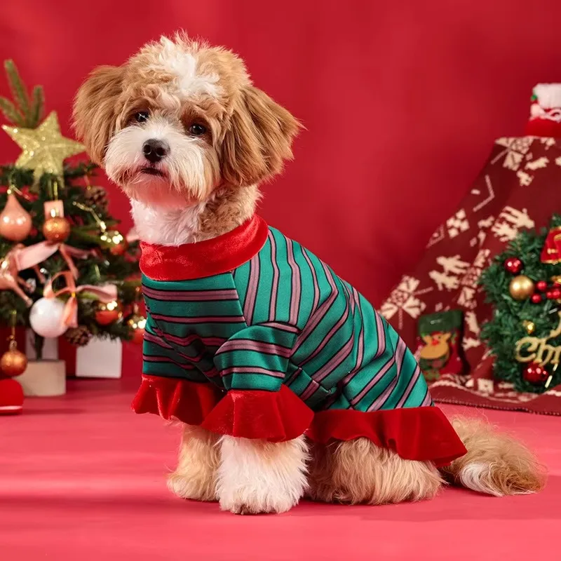 Botones lindos, S-XL para perros pequeños y medianos, sudadera navideña a rayas para perros, ropa cálida de invierno para mascotas, jersey de lana suave - imagen 5