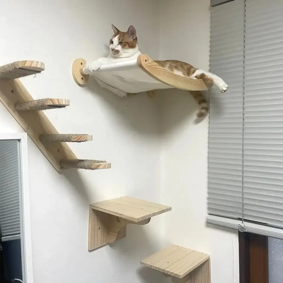 Casa oculta de pared para gatos, hamaca, estantes de escalada, perchas de Luna, escalera de cama, escalones de madera maciza para actividades, muebles de pared para gatos de interior - imagen 3