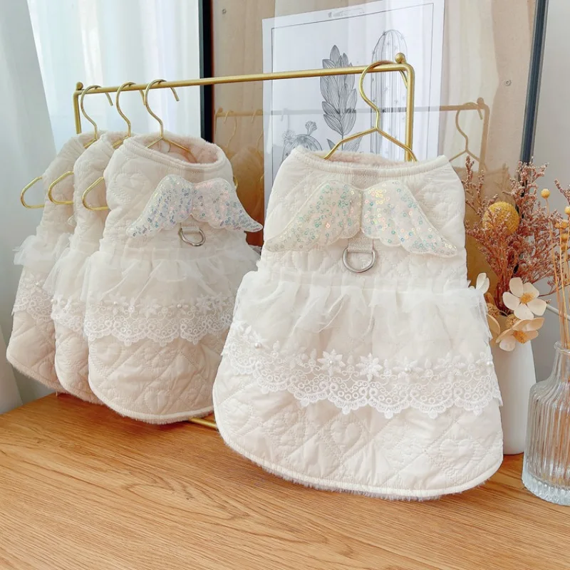 Falda de algodón con alas de Ángel para mascotas, ropa gruesa para perros, gatos, Yorkshire, ropa de diseñador para perros, Otoño e Invierno - imagen 3