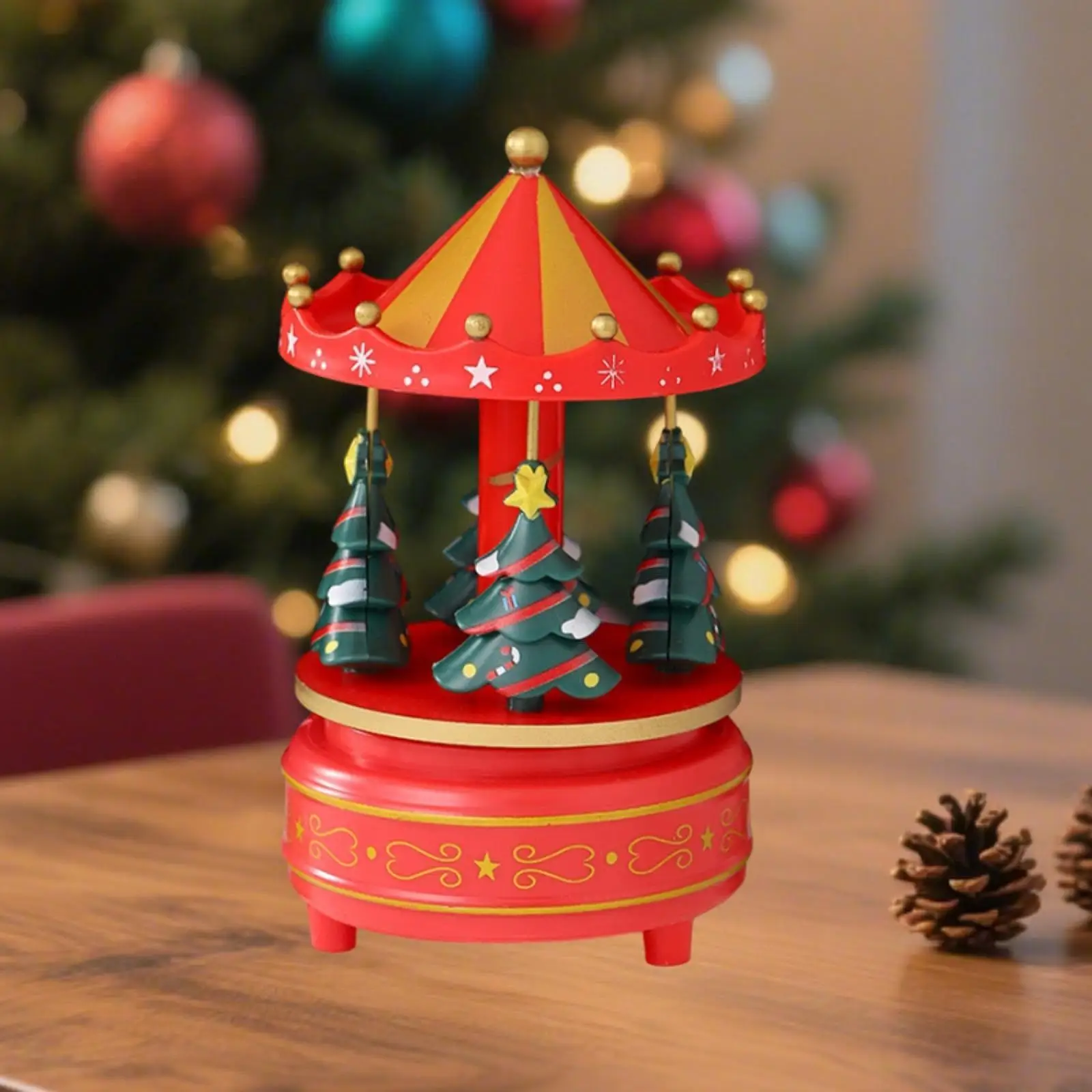Christmas Carousel Music Box Decoration Xmas Tree Design Hand Painted Fine Craftsmanship for New Year Gifts 4.1x6.9inch