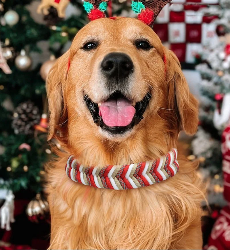 Collar de perro trenzado hecho a mano de Navidad, cuerda de nailon trenzada resistente, Collar de perro para mascotas, Collar ajustable para caminar y entrenar