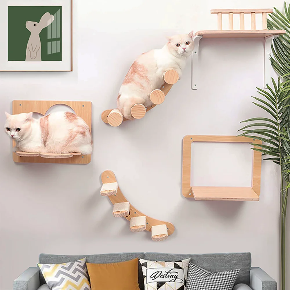 Árbol para gatos montado en la pared, poste para rascar con plataforma de Salto Grande, muebles de madera para mascotas, varios tipos de juego, 1 pieza - imagen 4