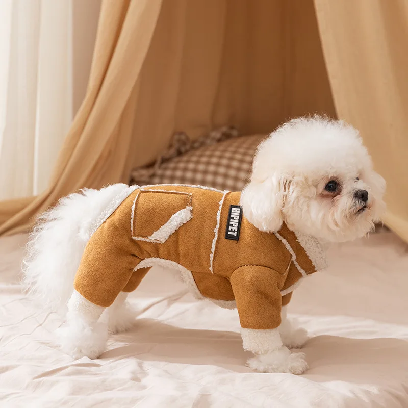 Ropa para mascotas, chaqueta de cuero de felpa, abrigo grueso y cálido de otoño, mono de invierno para gatos y mascotas, ropa para cachorros, pantalones de cuatro patas para perros pequeños - imagen 3