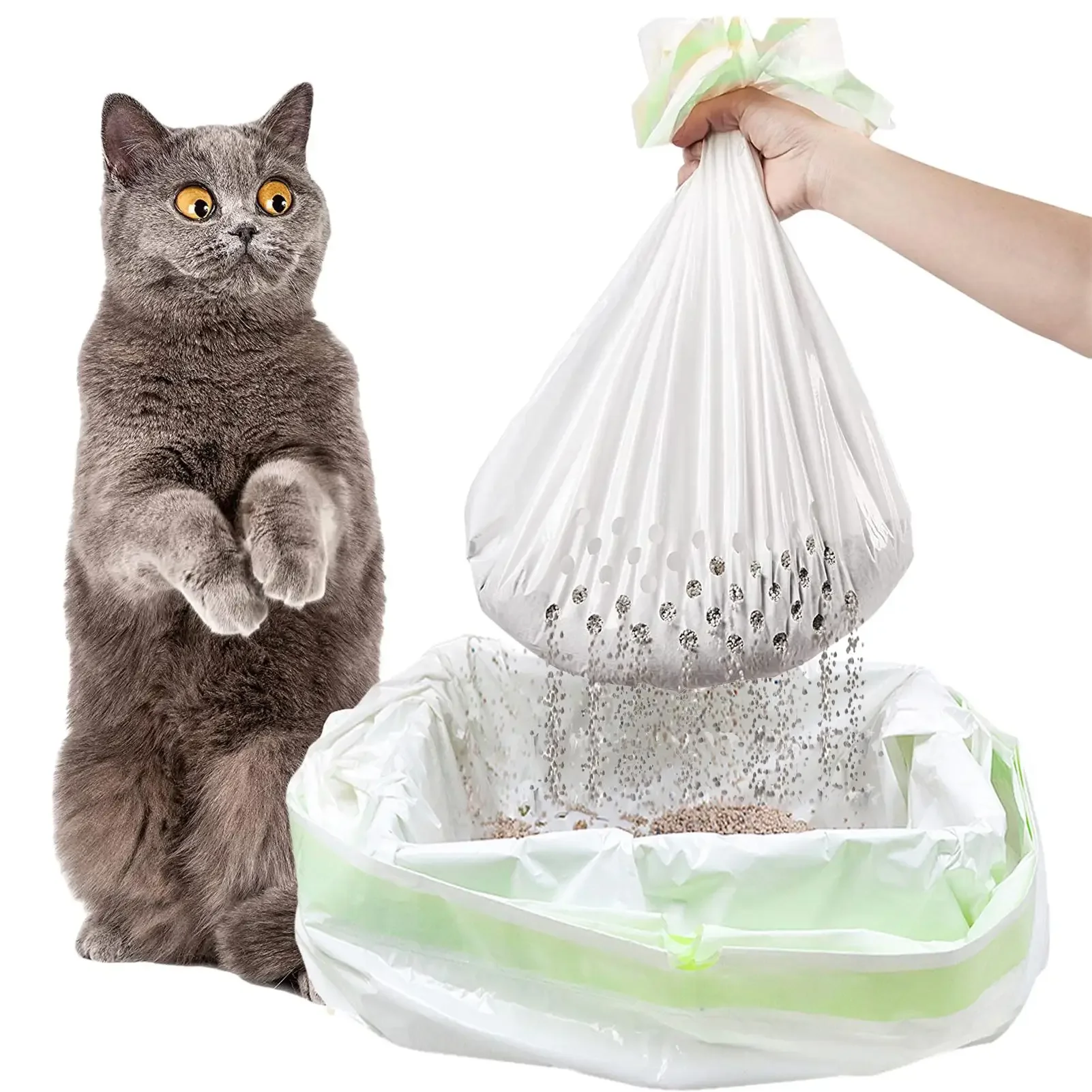 Bolsa de arena para gatos, bolsa de arena gruesa para mascotas perezosas con orificio de filtro, gran capacidad, cordón, bolsa para caca de gato, suministros de limpieza para mascotas, 7 piezas por juego - imagen 2