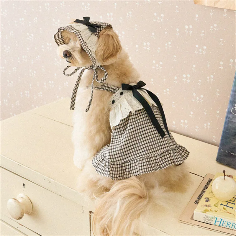 Vestido a cuadros de primavera para mascotas, conjunto de sombrero bonito, ropa para perros y gatos, falda de princesa a cuadros de encaje con lazo, ropa para cachorros pequeños