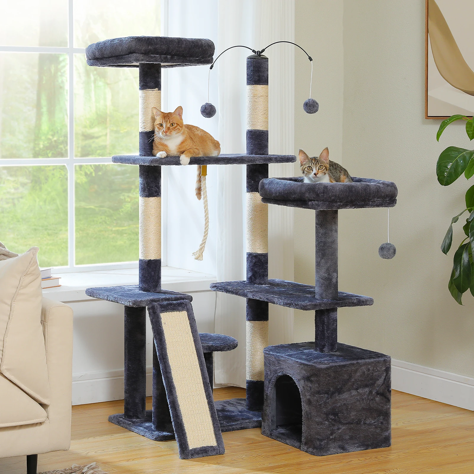 Torre de árbol para gatos con percha favorita para gatos, condominio acogedor, postes y tablero para rascar sal, pompones dobles, dos formas, accesorios para gatos, juguete para gatos