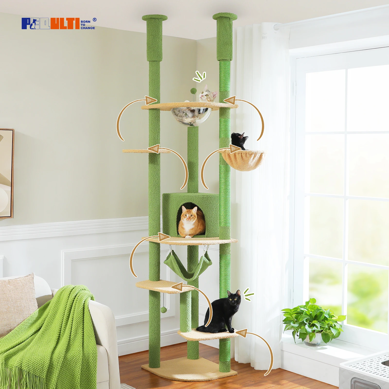 Adjustable Height Tall Cat Tree with Sisal Scratching Posts Spacious Condo Large Hammock Multi-Level Cat Tower Cat Accessories
