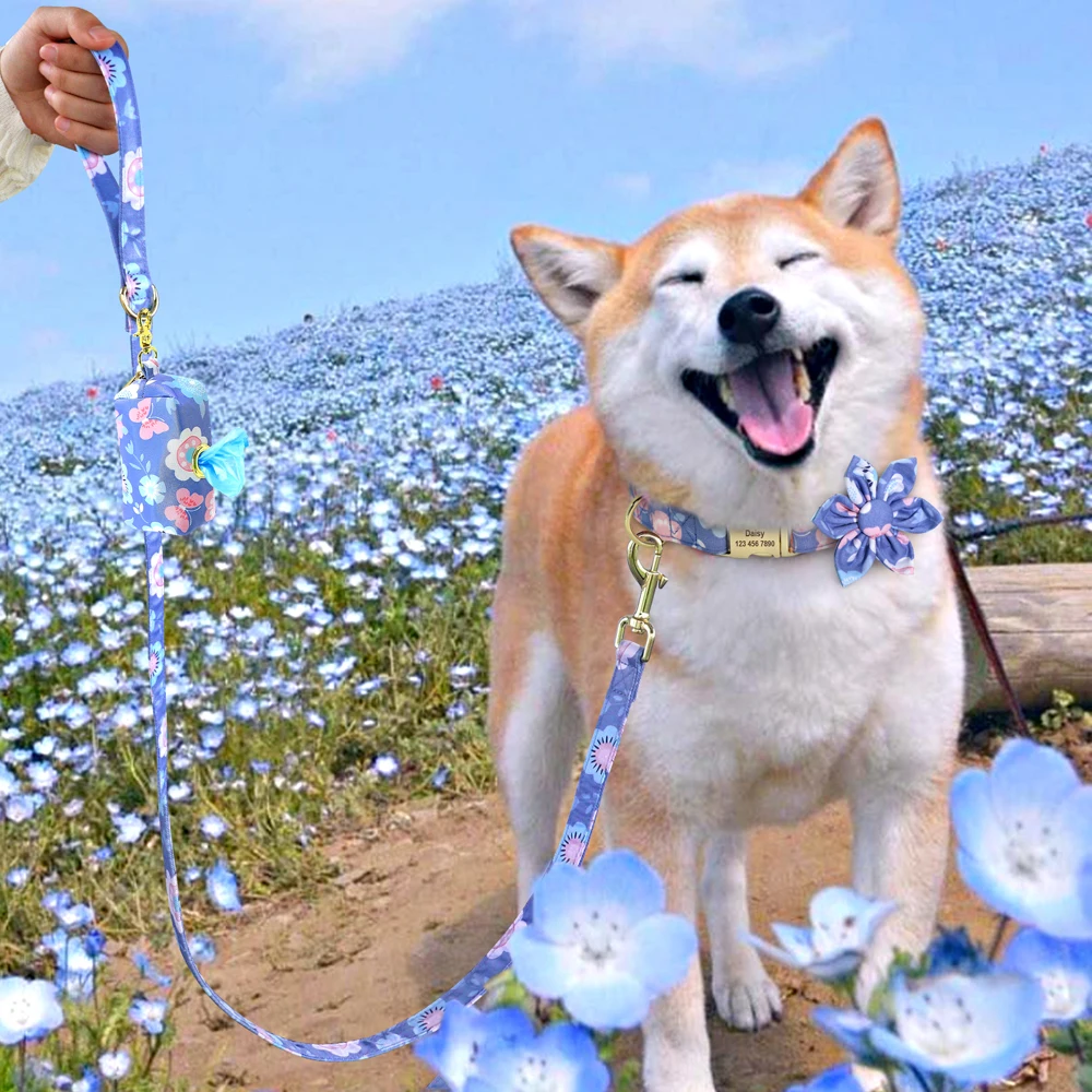 Collar de nailon personalizado para perros pequeños, medianos y grandes, Correa y bolsa para caca, etiqueta de identificación con nombre, accesorios florales - imagen 4