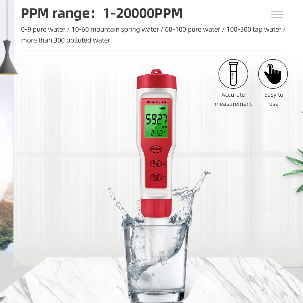 Medidor de PH impermeable PH/TDS/EC/medidor de temperatura Monitor de calidad del agua Digital probador con retroiluminación para piscinas acuarios de agua potable - imagen 5
