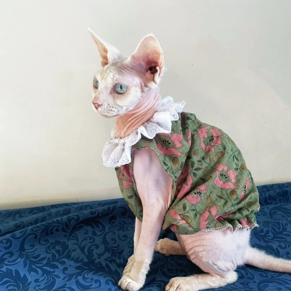 Falda de algodón Floral con cuello de encaje verde dulce de verano para vestido sin mangas de gato Sphynx para Devon Rex camisa transpirable para gatitos - imagen 3