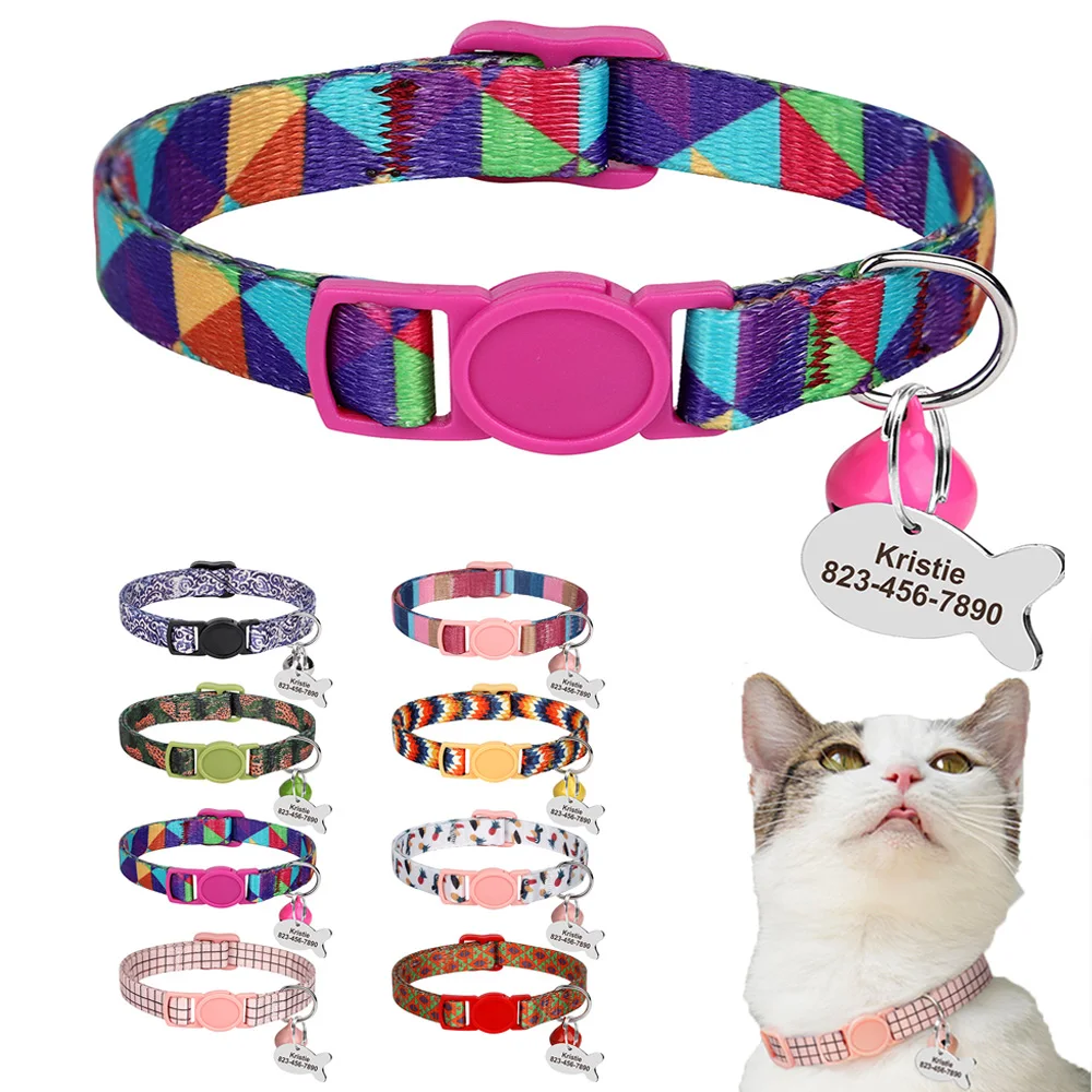 Collar personalizado para gatos, collares para cachorros y gatitos de liberación rápida, Collar ajustable para mascotas con etiqueta de identificación grabada, campana para perros pequeños y gatos