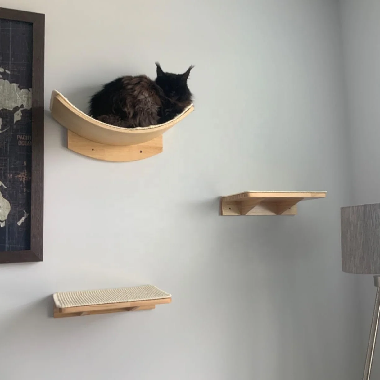 Estantes de actividades para gatos montados en la pared, muebles para gatos, percha de madera con cojín y plataformas de paso para entrenamiento y descansar y escalar gatos - imagen 3