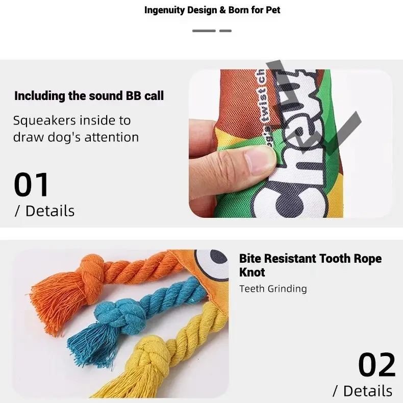 Juguete para perros de caramelo arcoíris con chirriador y cuerda duradera, juguete interactivo colorido para masticar para perros medianos, limpieza de dientes, juguete de recolección de guerra - imagen 3