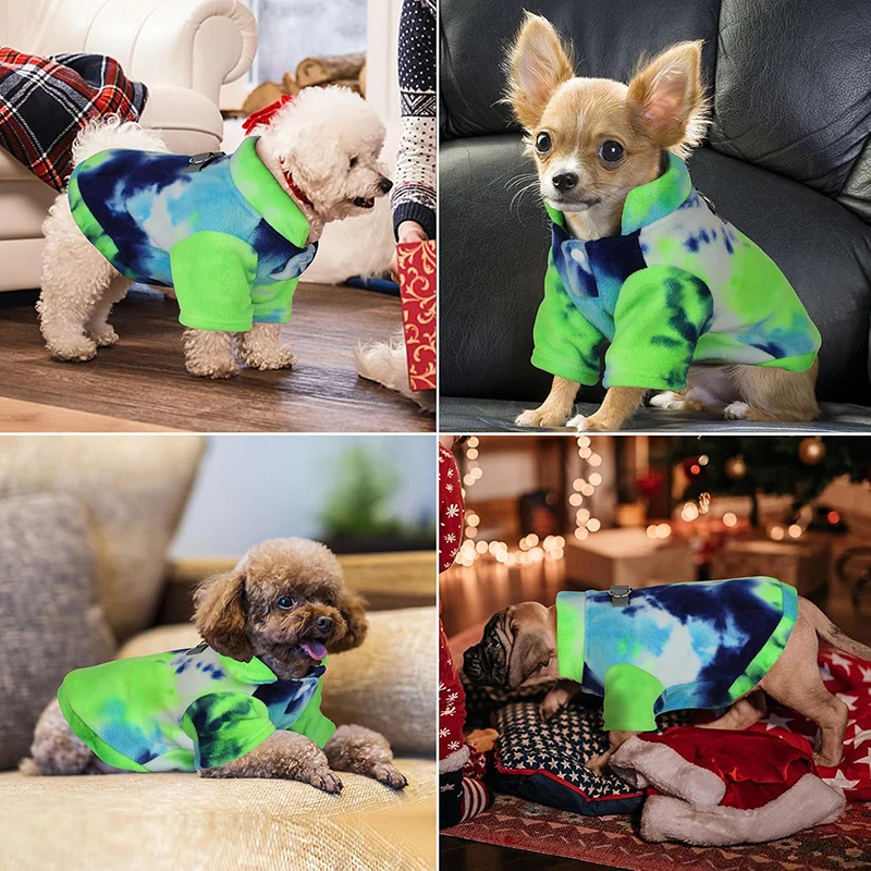 Sudadera con capucha para perro Tie Dye, abrigo polar cálido de invierno con agujero para correa de bolsillo para perros pequeños y medianos, suéter para cachorros en clima frío - imagen 4