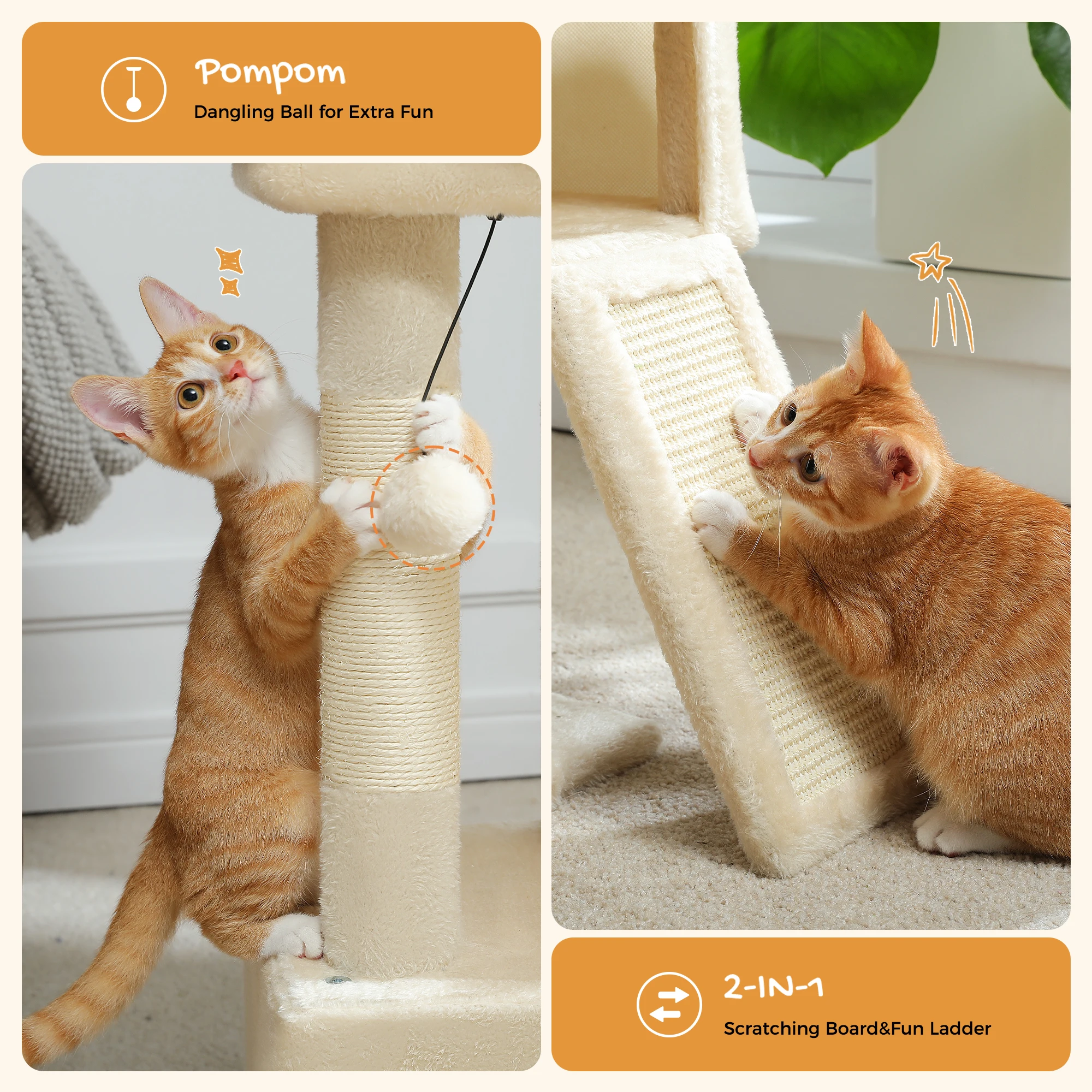 Árbol para gatos pequeño con condominio doble, rampa para rascar de Sisal y postes, percha acolchada, torre para gatos para interior, casa de gato de peluche, cama, juguetes para gatos - imagen 5