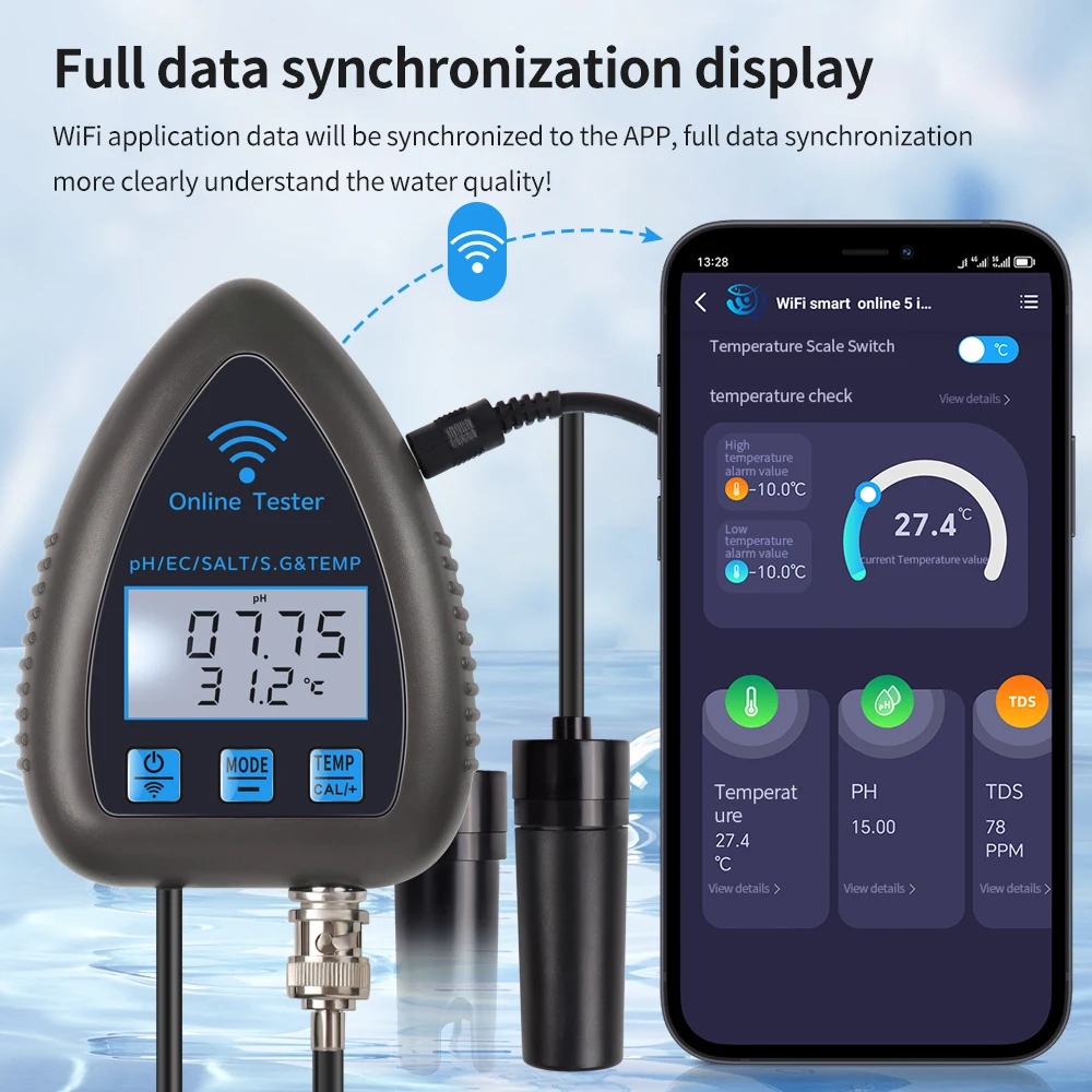 Tuya WiFi 5 in 1 Water Quality Monitor TDS/EC/SALT PH S.G.TEMP Multi-function Bluetooth Water Analyzer for Aquariums Aquaculture - imagen 4