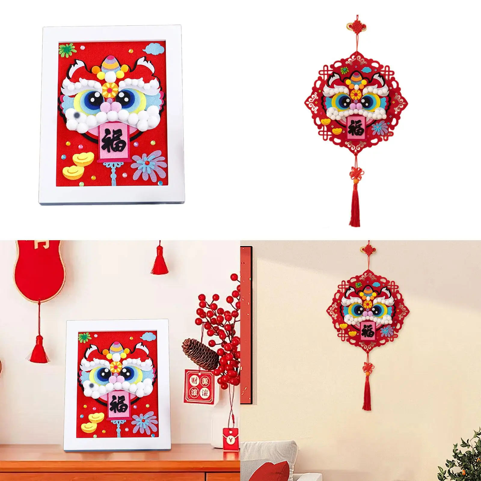 Pegatina de danza del león, Kit de artesanía de costura de animales, juego de bricolaje de tela y madera para decoración del hogar, Festival de Año Nuevo - imagen 4