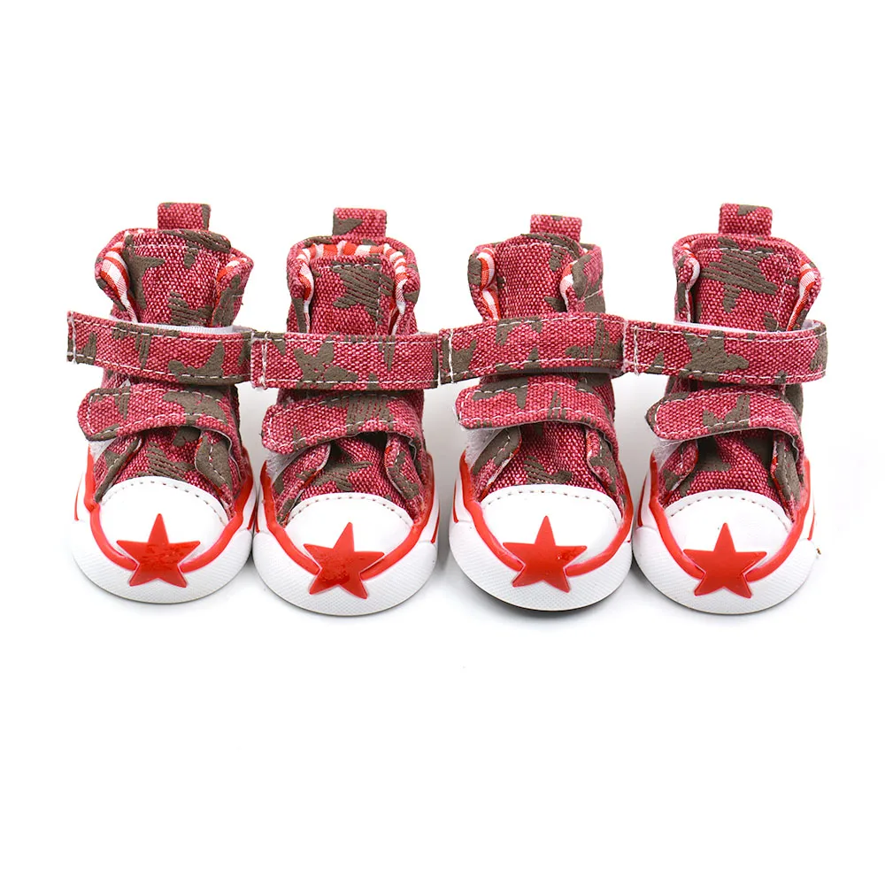 Zapatos de mezclilla transpirables con doble palo mágico para mascotas, zapatos antideslizantes para cachorros, patrón de estrellas, 4 piezas por juego - imagen 3
