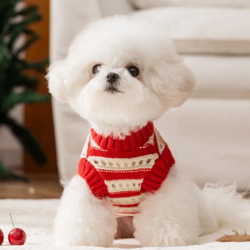 Ropa bonita de cereza para perros, suéter de Navidad para cachorros, ropa para perros, Sudadera con capucha de peluche cálida, suéter de punto para invierno, rayas clásicas - imagen 2