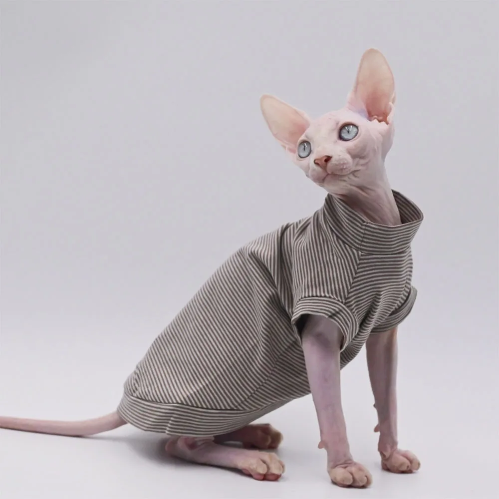 Chaleco de algodón a la moda para gatos Sphynx, ropa de manga corta a rayas marrones para gatitos, abrigo suave para disfraz Devon Rex, primavera y verano