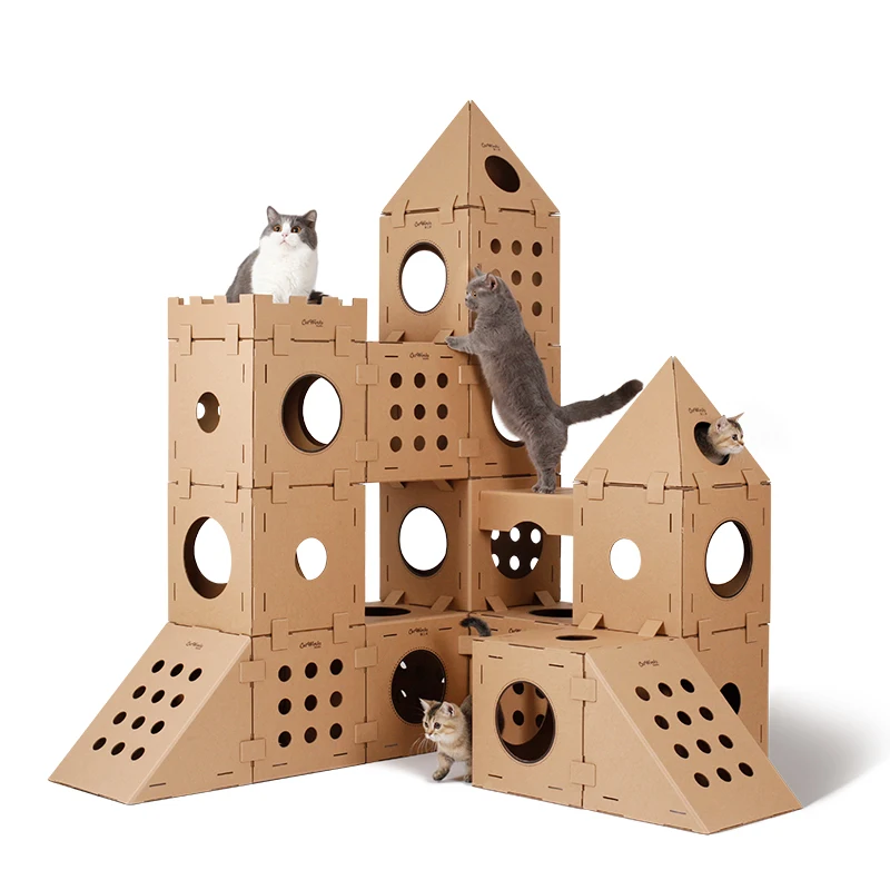 Casa para rascar gatos, raspador de cartón para interiores, árbol para gatos, casa oculta para gatos multicapa, cama para gatos trepadora apilable resistente al desgaste - imagen 5