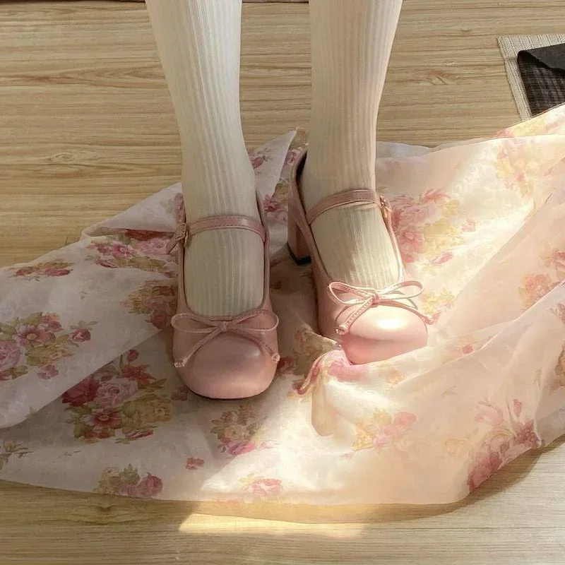 Japanese Cute Women Ballet Shoes Lolita Round Toe Bowtie Mary Jane Shoes College Ladies High Heels Elegant Pumps Wedding Shoes - imagen 2