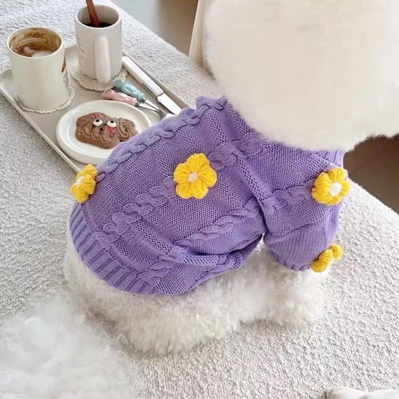 Suéter de flores para mascotas, ropa de punto para perros, torceduras de masa frita, oso de peluche, gatito, gato, Otoño e Invierno - imagen 2