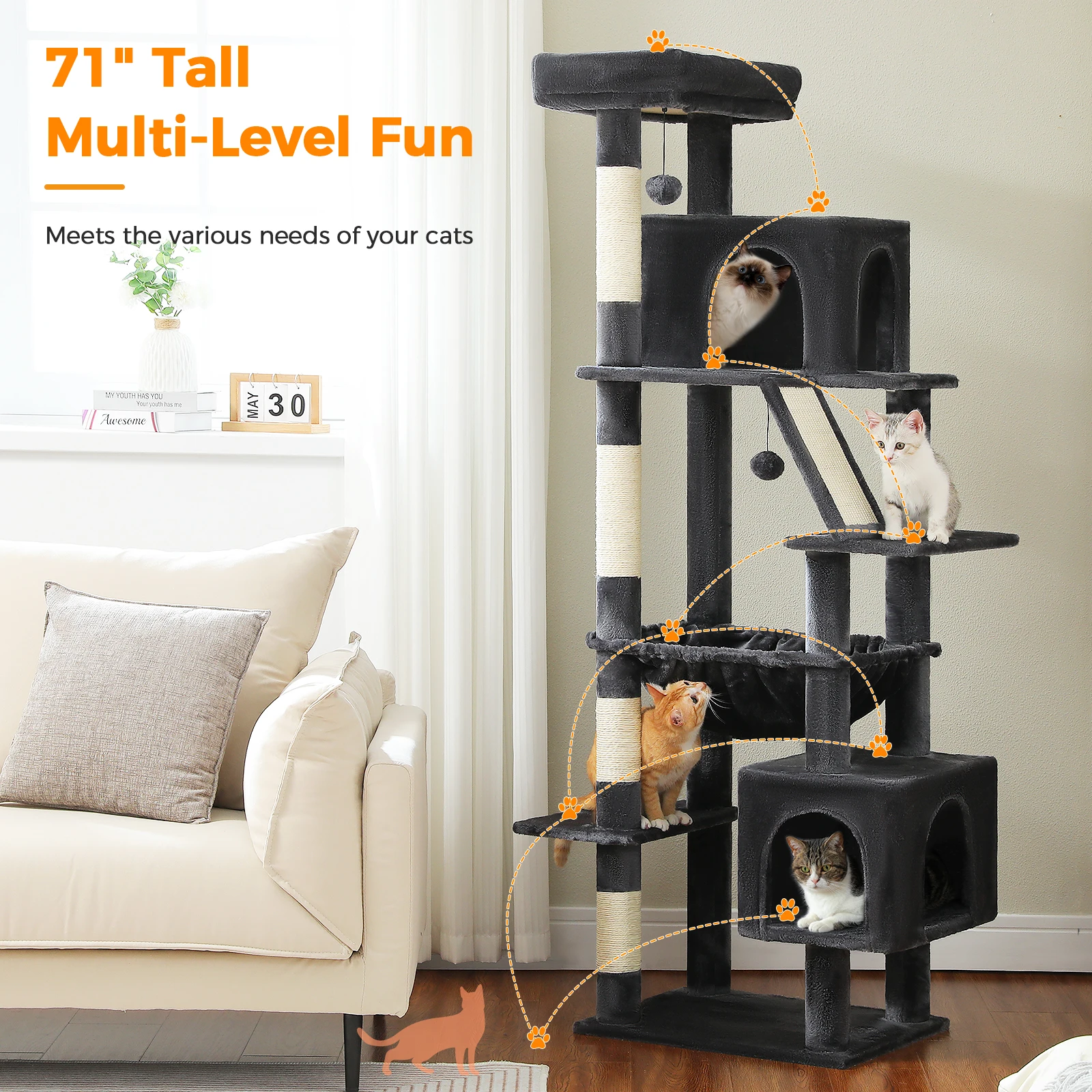 Árbol alto para gatos con postes rascadores, hamaca acogedora, percha superior, torre grande para gatos de varios niveles, condominio espacioso para gatos, juguetes de interior - imagen 4