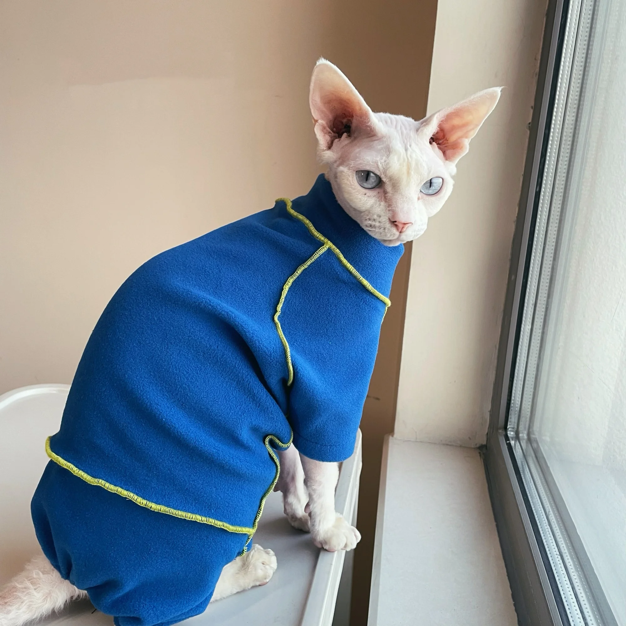 Mono de lana azul a la moda para gato esfinge, sudadera cálida de invierno para gato sin pelo, pijamas ligeros y suaves resistentes a las manchas para Devon - imagen 2