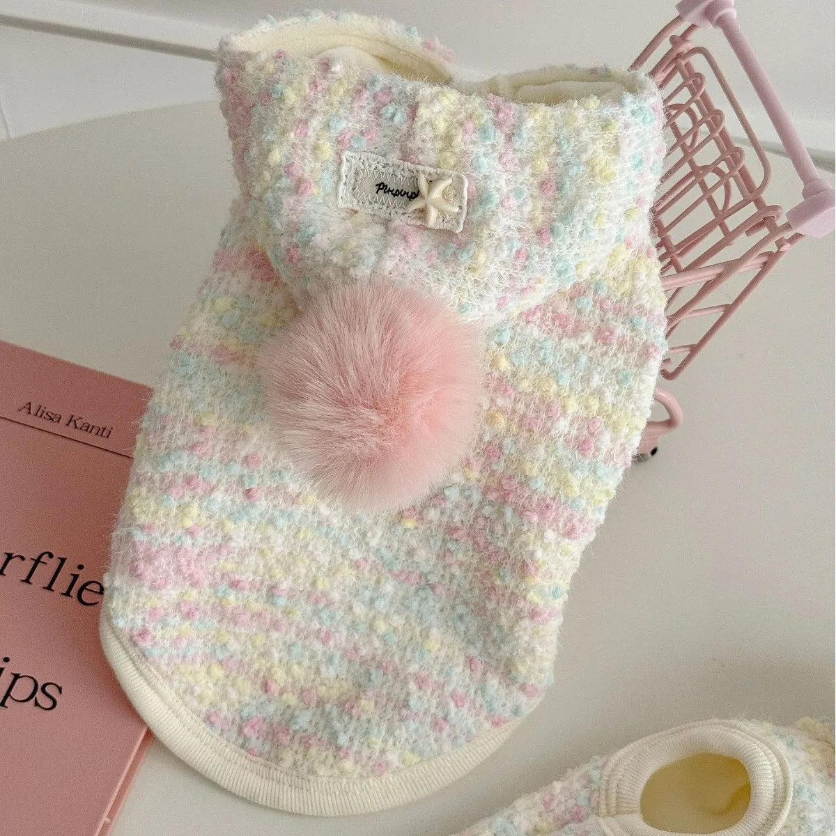 Sudadera con capucha de punto con bolas de lana para mascotas, chaqueta de peluche cálida para invierno, ropa para cachorros, ropa para perros pequeños, otoño e invierno - imagen 4