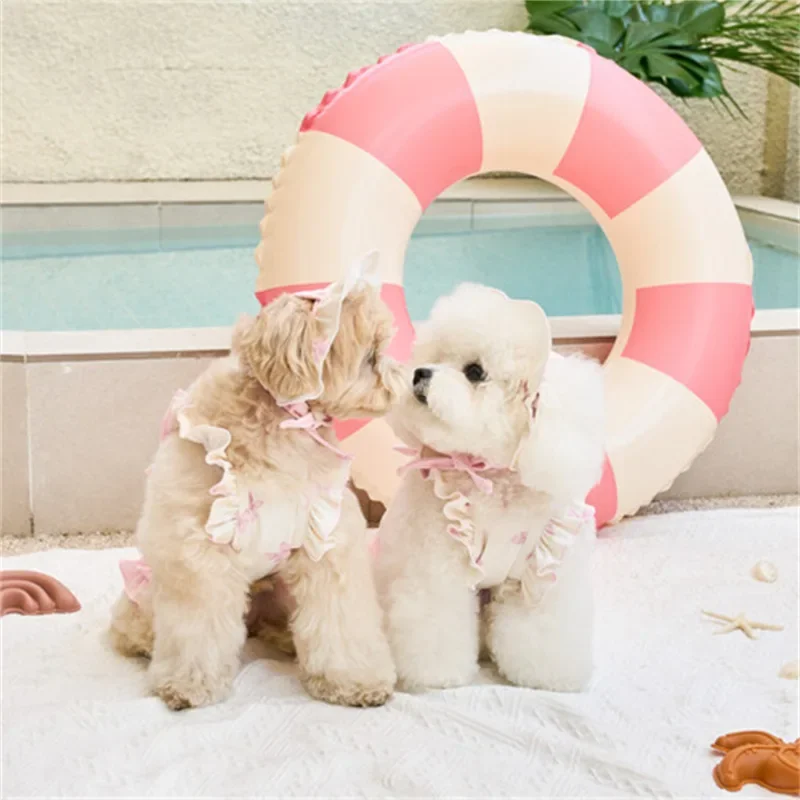 1/Set de traje de baño estampado de verano para perros, traje de baño con tirantes y lazo rosa para gatos, traje de baño de dos piernas a la moda, mono para mascotas, ropa para perros de peluche, ropa para cachorros - imagen 2