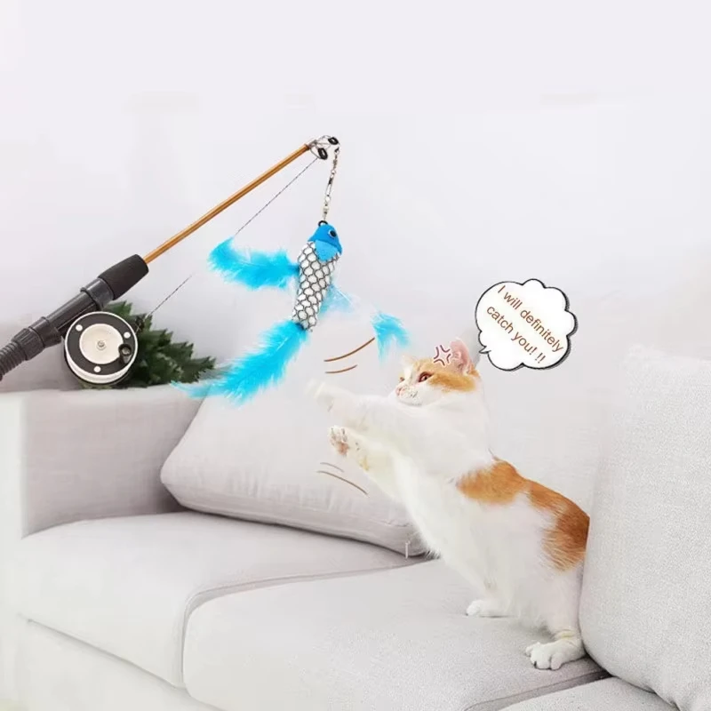 Varita de plumas de palo, juguetes interactivos para gatos, caña de pescar telescópica en forma de pez, suministros de juguete para gatos, juguetes para gatos de Color aleatorio - imagen 3