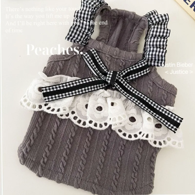 Pet Dog Clothes Black White Striped Skirt Bow Lace Puppy Dresses Suspender Skirt Summer Cute Vest Home Puppy Clothing Teddy - imagen 4