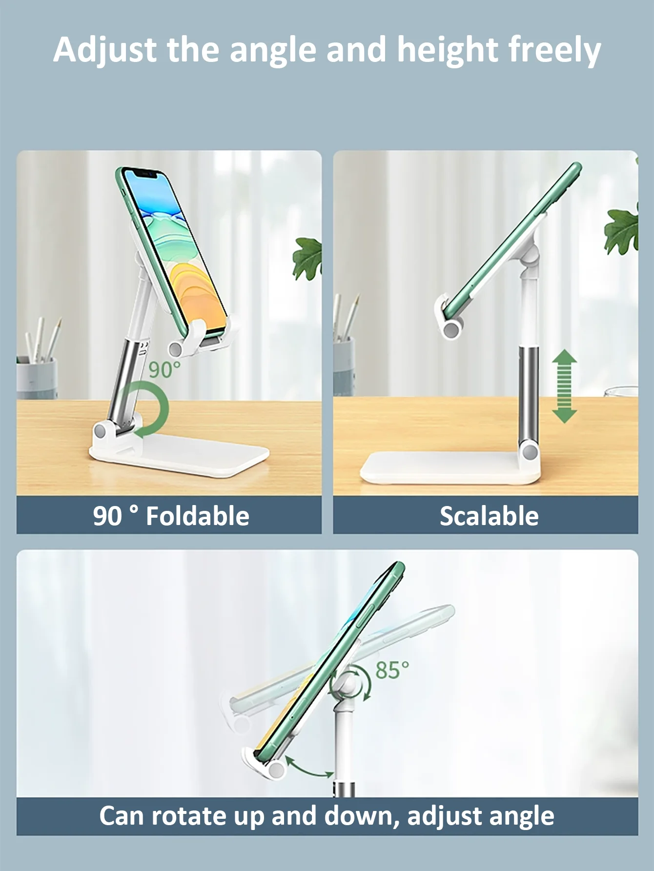 360 ° Soporte ajustable para tableta y teléfono con rotación, soporte telescópico plegable para mesita de noche para iPhone Android (1 unidad)