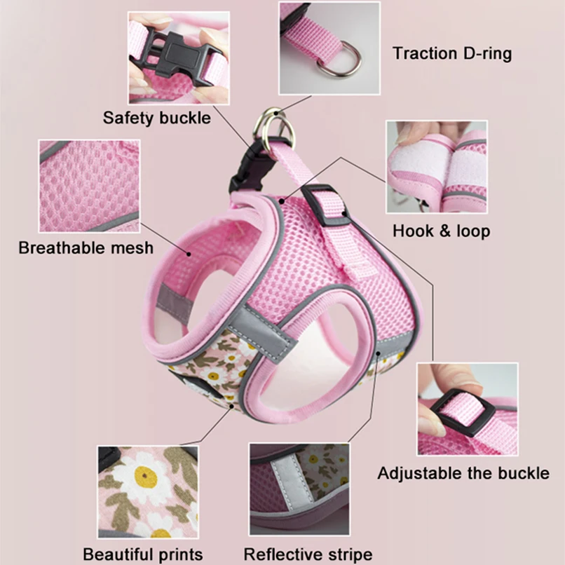 Floral Pet Harness and Leash Set for Small Dogs Reflective Puppy Harness Anti Escape Meash Cat Chest Strap Dog Walking Supplies - imagen 3